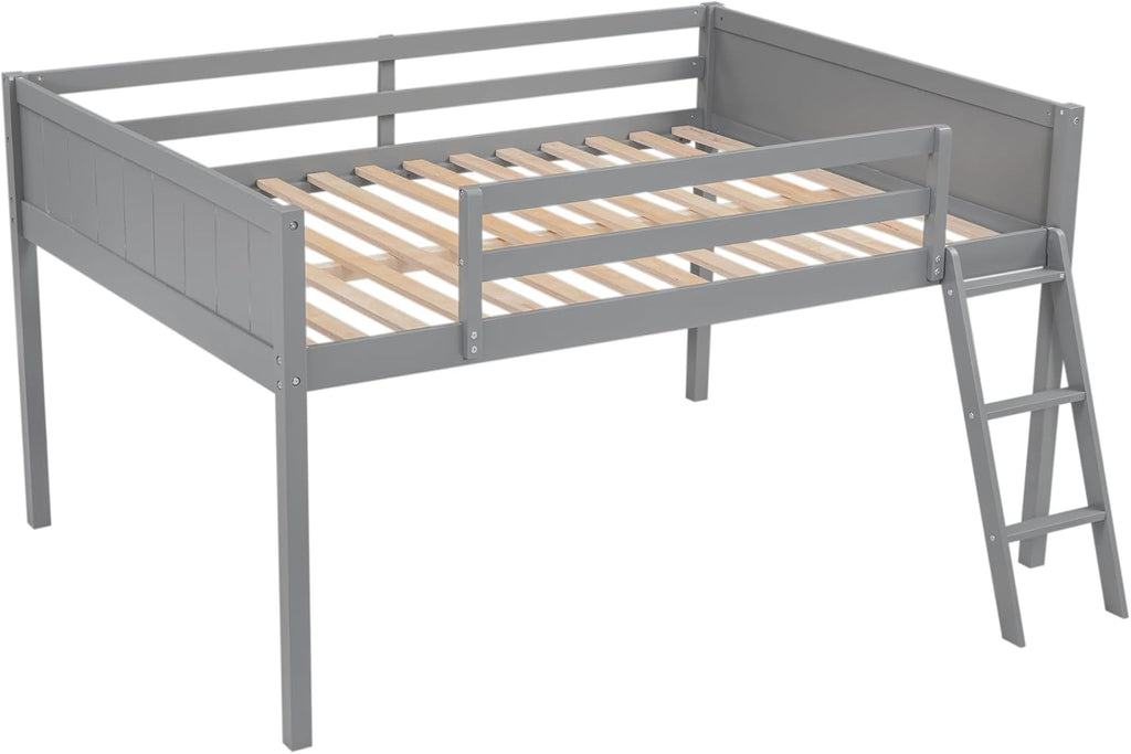Full Size Loft Bed, Wood Loft Bed with Convertible Ladder, Ladder can be Placed on the Left or Right, Low Loft Bed with Full-Length Guardrails, No Box Spring Required (Gray,Full & Convertible Ladder)