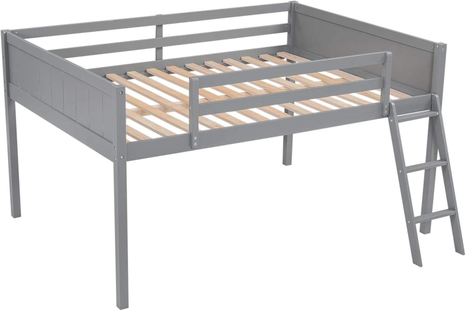 Full Size Loft Bed, Wood Loft Bed with Convertible Ladder, Ladder can be Placed on the Left or Right, Low Loft Bed with Full-Length Guardrails, No Box Spring Required (Gray,Full & Convertible Ladder)