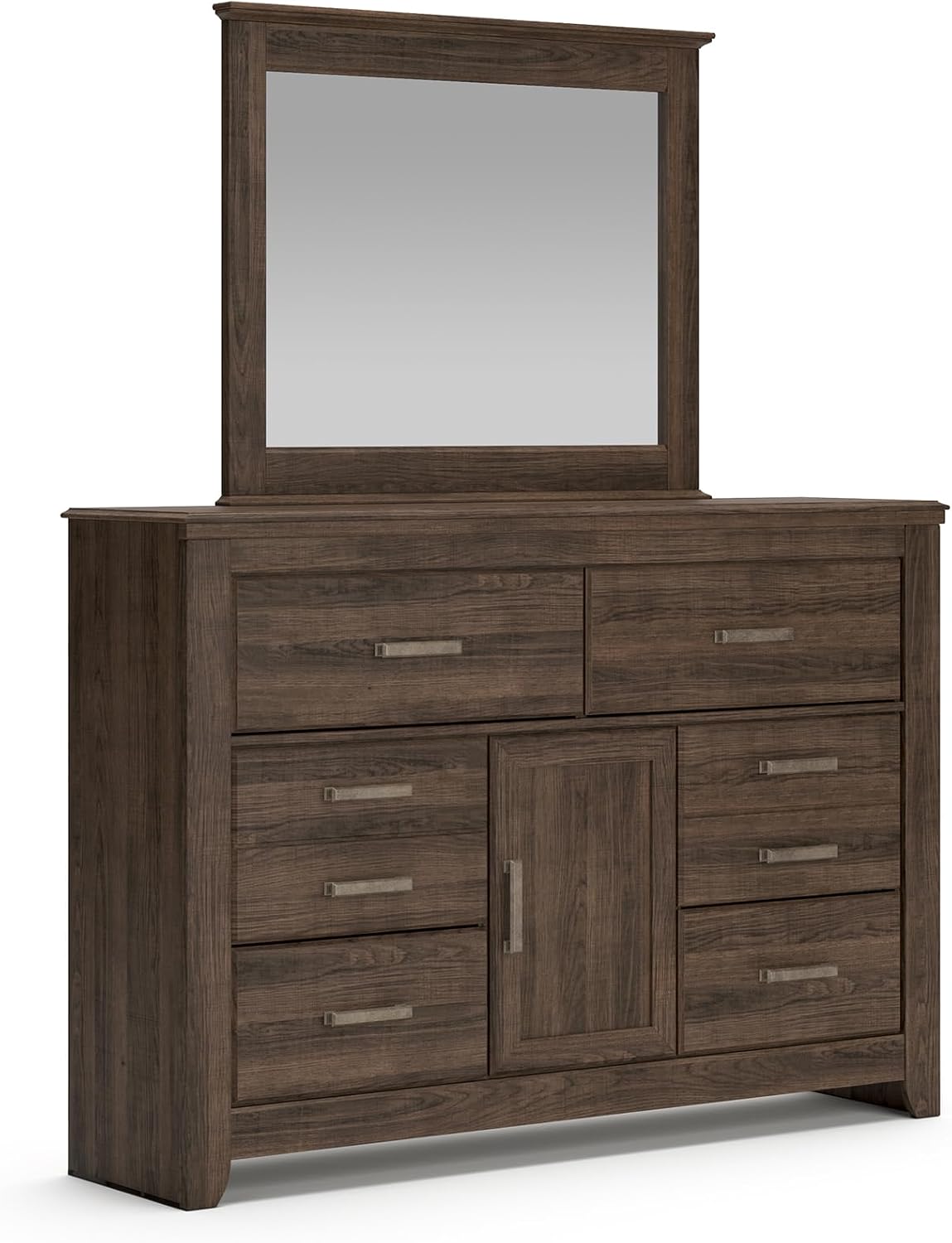 Signature Design by Ashley Juararo Vintage Smooth-Gliding 6-Drawer Dresser and Mirror with Safety Stop, Cabinet and Adjustable Shelf, Dark Brown