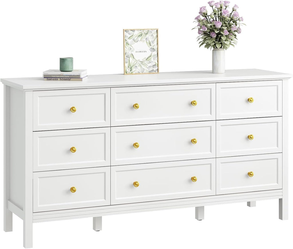 CARPETNAL 9 Drawer White Dresser for Bedroom with Deep Drawers, Large Dressers & Chest of Drawers With Gold Handle, Modern Long Dressers for Closet Bedroom, Living Room (59.25' W x 15.75' D x 30.9' H)