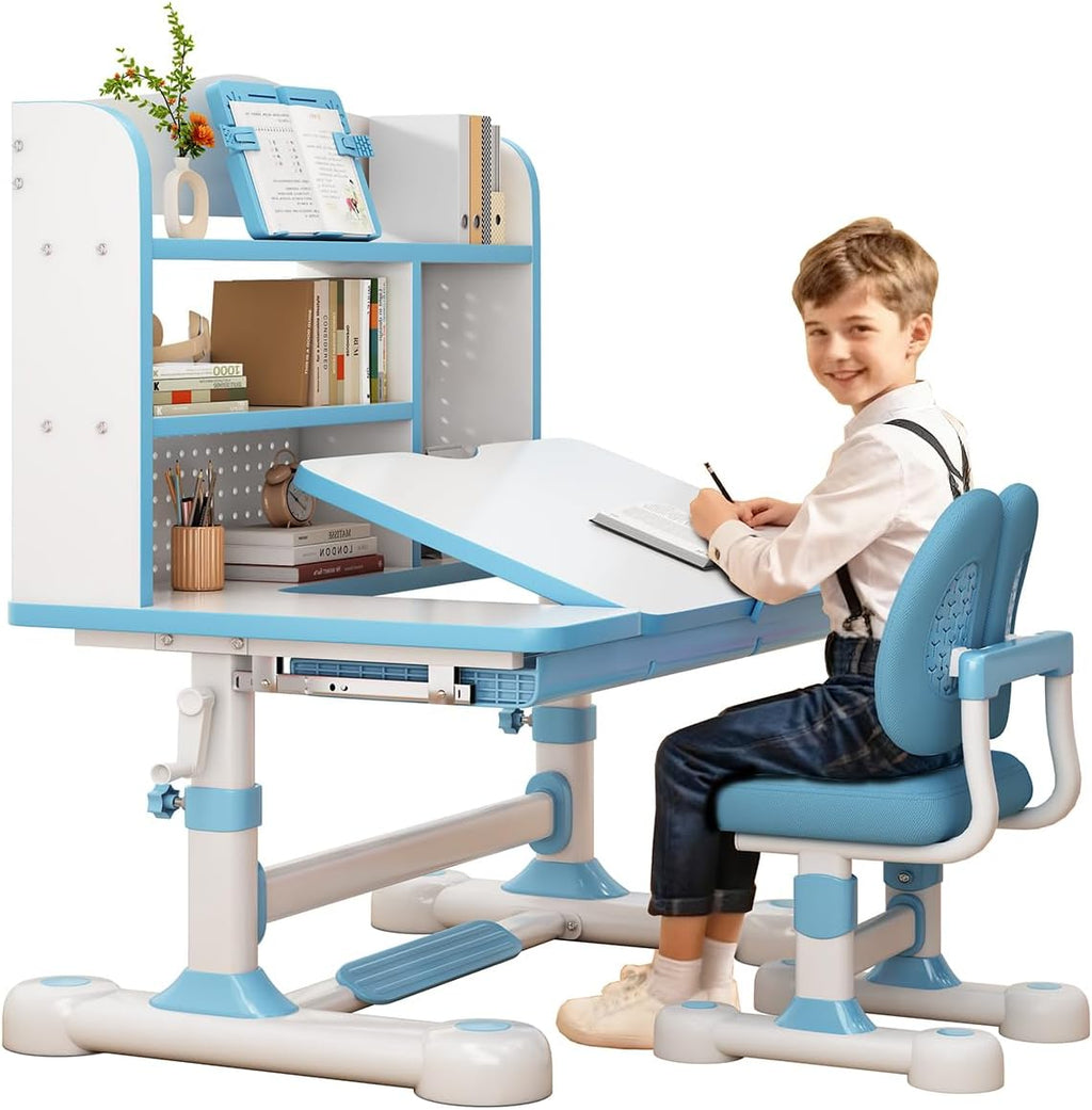 Kids Functional Desk and Chair Set – Ergonomic Height Adjustable Study Desk with One-Touch Tilting Desktop, Book Stand, Reading Rack & Storage Drawer for Children Boys & Girls (Blue)