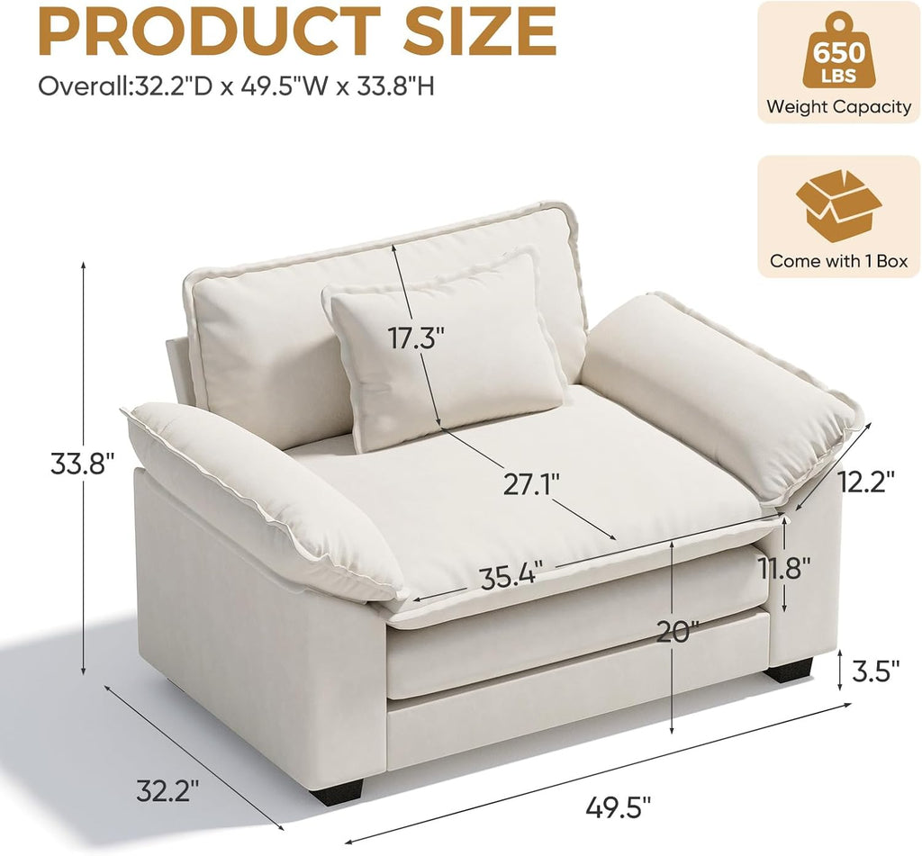 HUSFU 49.5'' W Oversized Accent Chair, Cloud Sofa Chair with Deep Seat and Extra Wide Armrests, Comfy Reading Armchair for Bedroom, Living Room, Set of 2, Beige