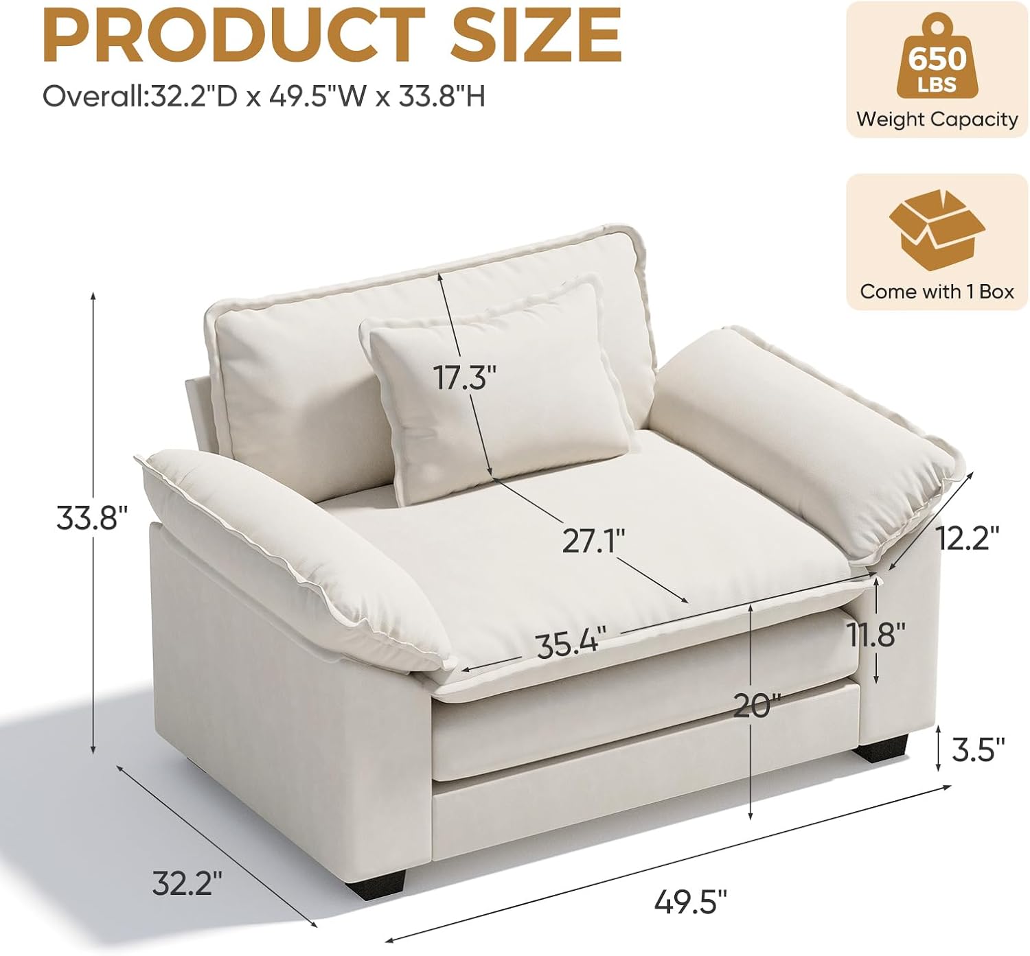 HUSFU 49.5'' W Oversized Accent Chair, Cloud Sofa Chair with Deep Seat and Extra Wide Armrests, Comfy Reading Armchair for Bedroom, Living Room, Set of 2, Beige