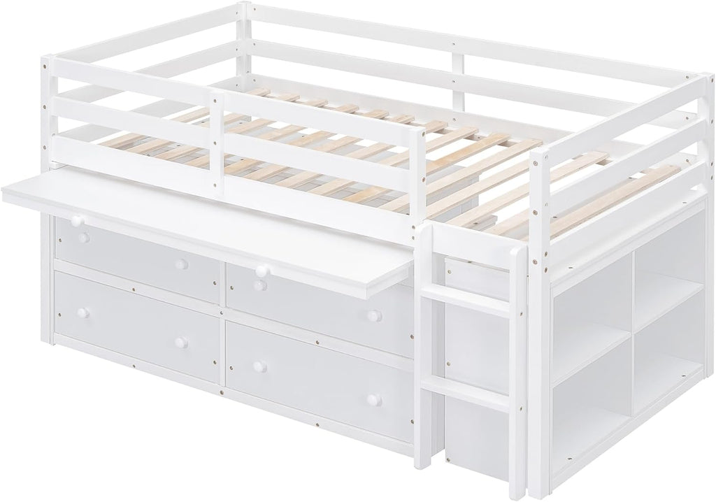 JIVOIT Twin Size Low Loft Bed with Retractable Writing Desk, Storage Bed with 4 Drawers and Shelves, Wooden Loft Bed with Lateral Portable Desk for Kids Teens Adults Bedroom (White,Twin,9)