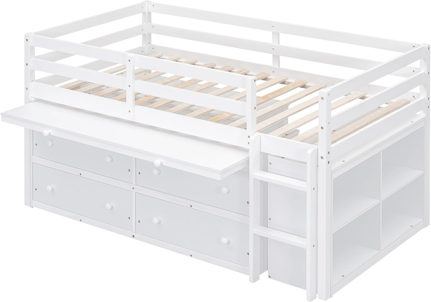JIVOIT Twin Size Low Loft Bed with Retractable Writing Desk, Storage Bed with 4 Drawers and Shelves, Wooden Loft Bed with Lateral Portable Desk for Kids Teens Adults Bedroom (White,Twin,9)