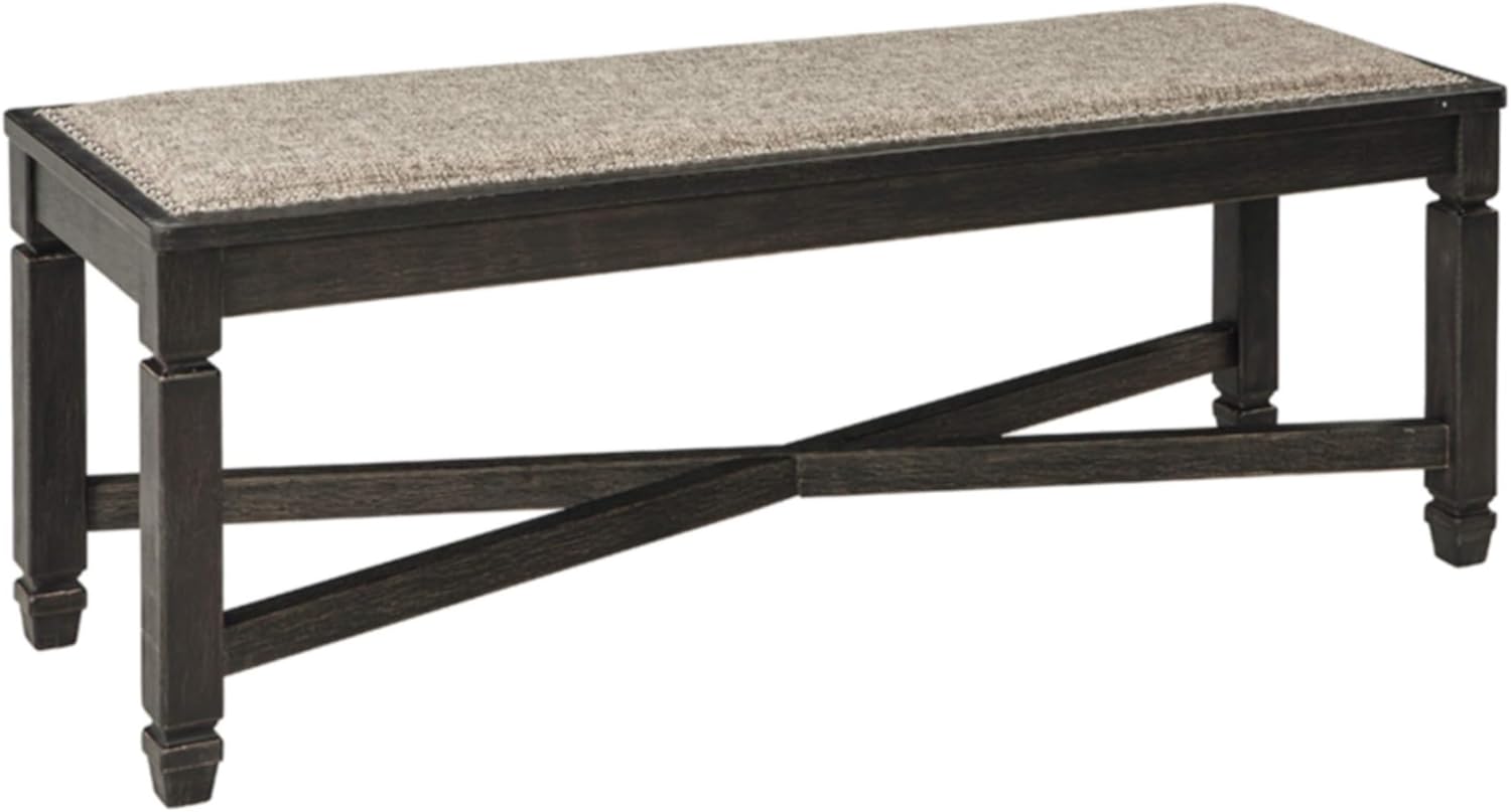 Signature Design by Ashley Tyler Creek Farmhouse Upholstered Dining Room Bench with Tapered Legs, Heavy Woven Fabric, Wood, 19.5' High Seat, Black & Gray