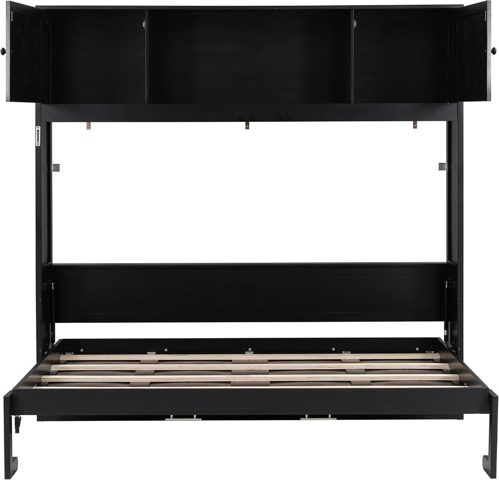 Harper & Bright Designs Queen Size Murphy Bed, Wood Hidden Foldable Wall Bed Frame with Storage Cabinet for Bedroom, Office, Space-Saving, Black