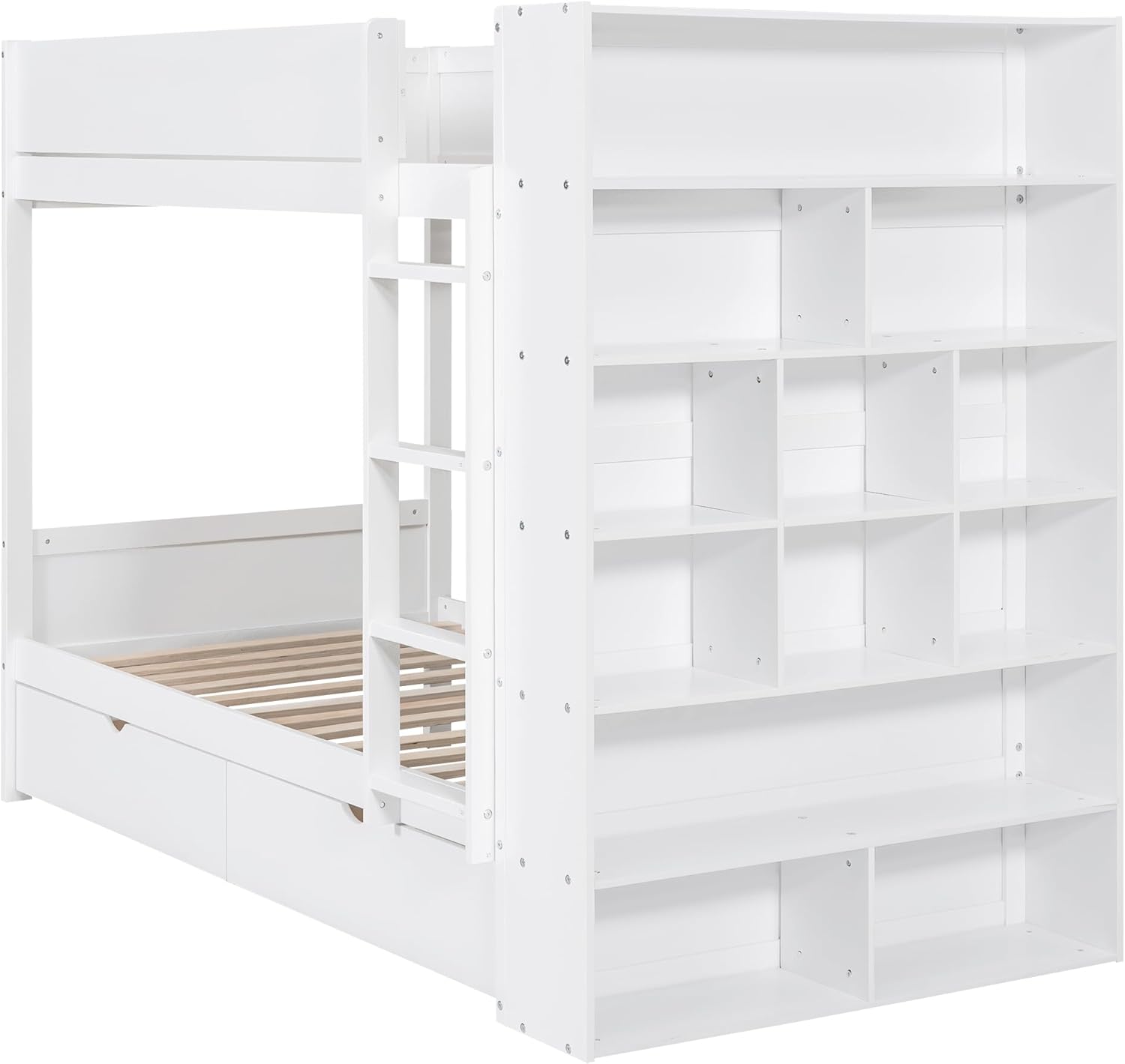 Twin Over Twin Bunk Bed with Bookcase, Wood Bunk Bed Frame with 2 Drawers and Multi-Layer Cabinet Storage Shelves, Bed with High Guardrails for Kids Teens(White, Twin)