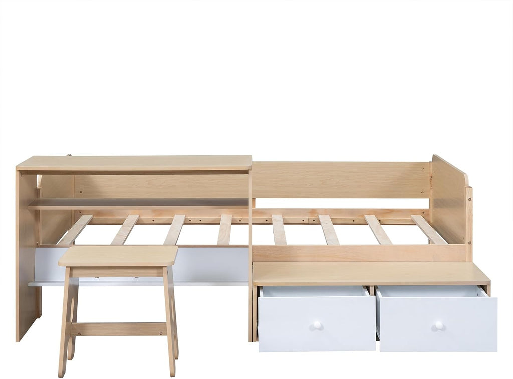 Functional Design Twin Size Platform Bed Daybed with 2 Drawers and 1 Chair&Desk Set, Solid Wood Daybed Frame with Full-Length Guardrails for Kids Boys Girls, Sturdy Slat Support (Natural+White)