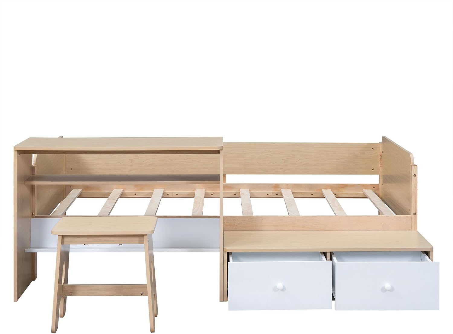 Functional Design Twin Size Platform Bed Daybed with 2 Drawers and 1 Chair&Desk Set, Solid Wood Daybed Frame with Full-Length Guardrails for Kids Boys Girls, Sturdy Slat Support (Natural+White)