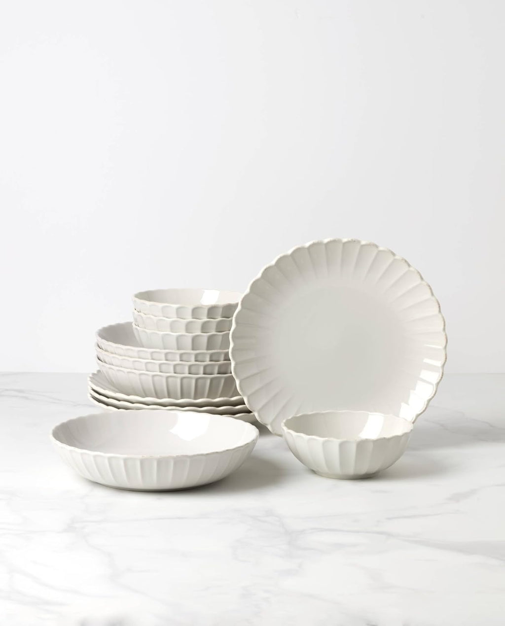Lenox Dinnerware Set, French Perle Scallop White 12-Piece Set, Service For 4, Stoneware, Dishwasher Safe, Microwave Safe, Plates and Bowls sets, Dish Set, Plate Set, Home And Kitchen (White, 12 Piece)