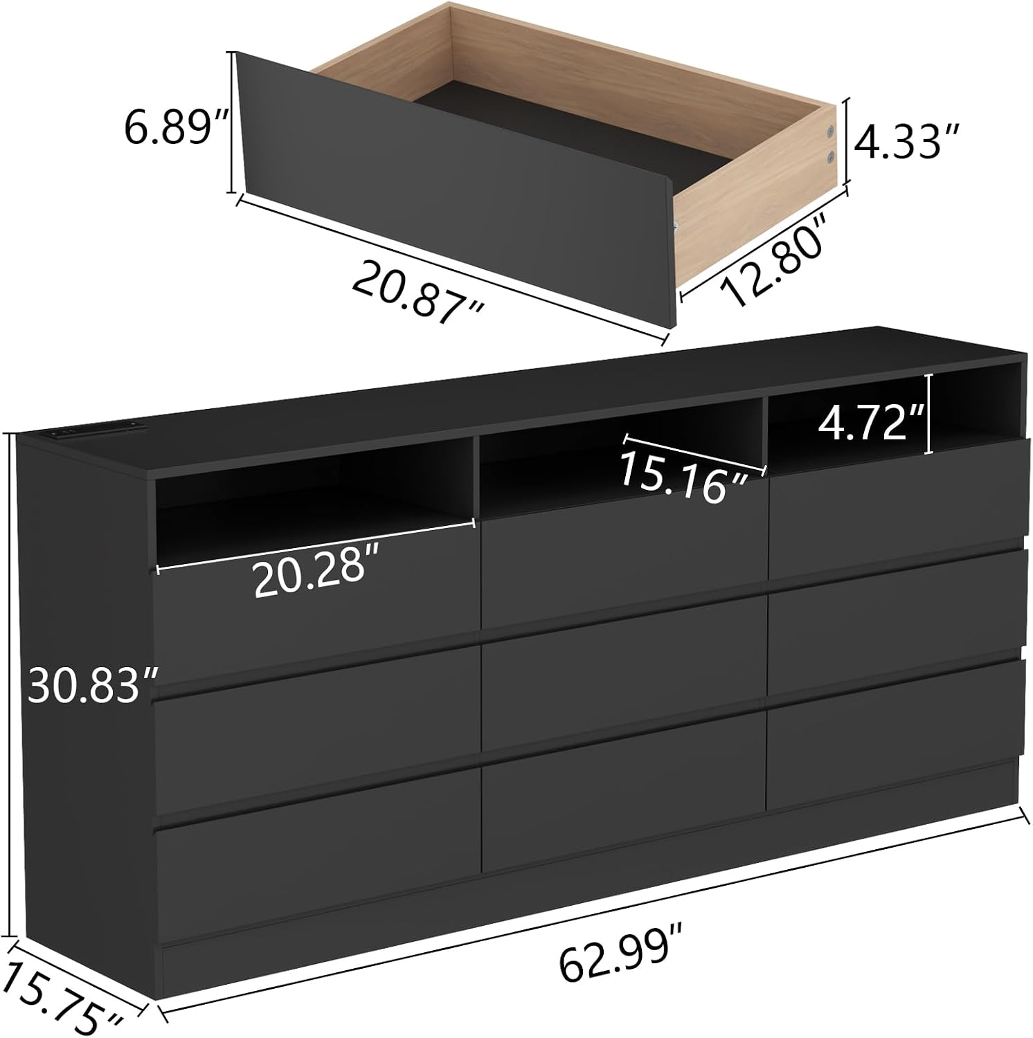 STIKELY 9 Drawer Dresser for Bedroom with Power Outlet and LED Light, Black Dresser Chest of Drawers for Closet, Modern Dressers Organizer Cabinet for Living Room, Entryway, Hallway (Black)