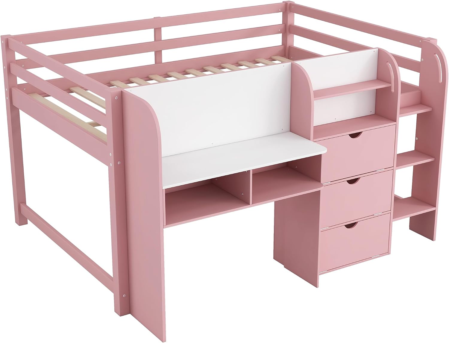 JIVOIT Full Size Loft Bed with Built-in Desk, Wooden Low Loft Bed with Storage Cabinets and Open Bookcase, Whiteboard for Graffiti, Safety Guardrail & Ladder, Easy Assembly (Pink//57)