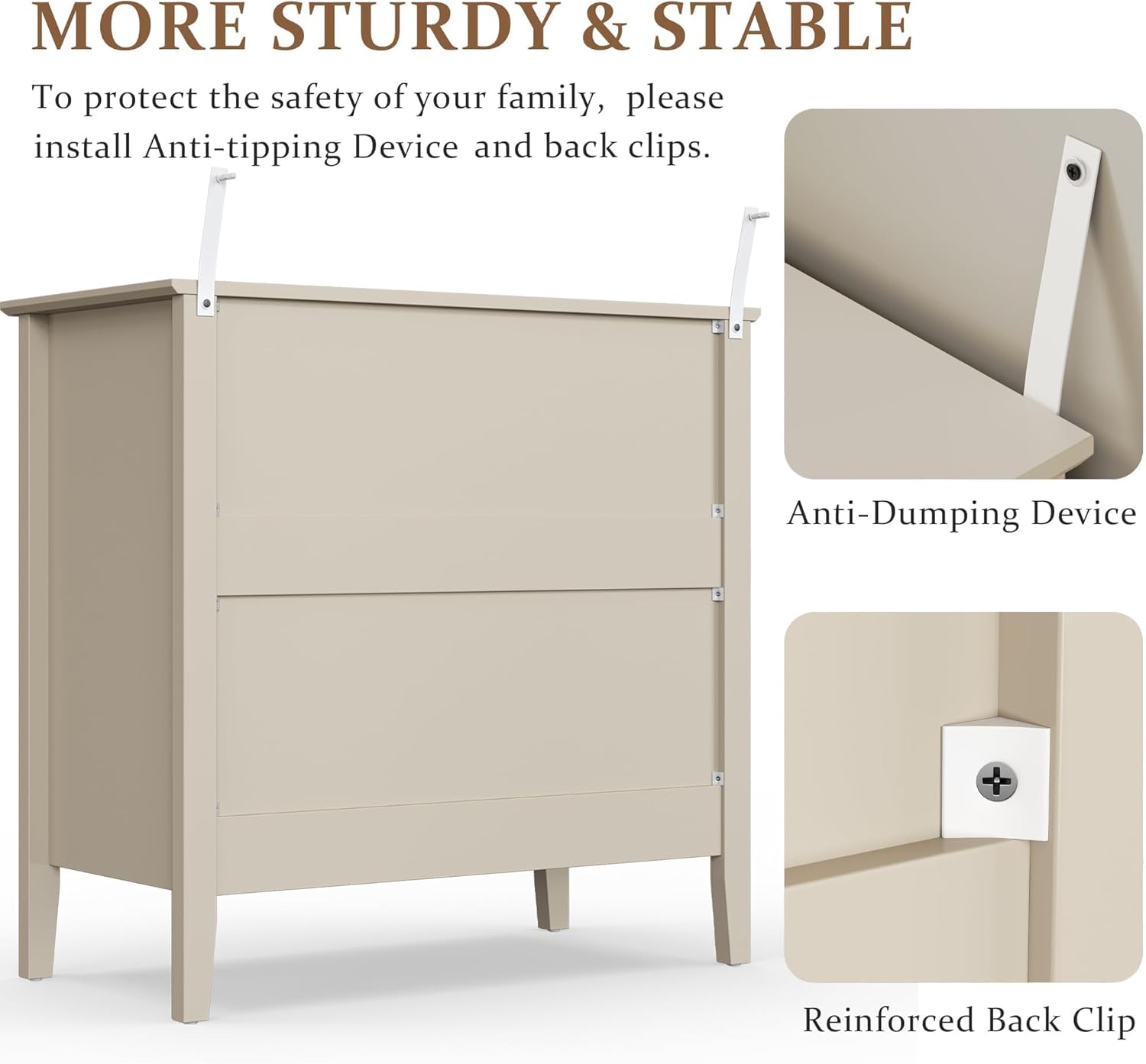 RoyalCraft Beige Fluted 3 Drawer Dresser, 32 inch Wide Dresser Nightstand for Bedroom, Modern Wood Chest of Drawers, Large Painted Nightstand with 3 Drawers for Closet, Hallway, Entryway