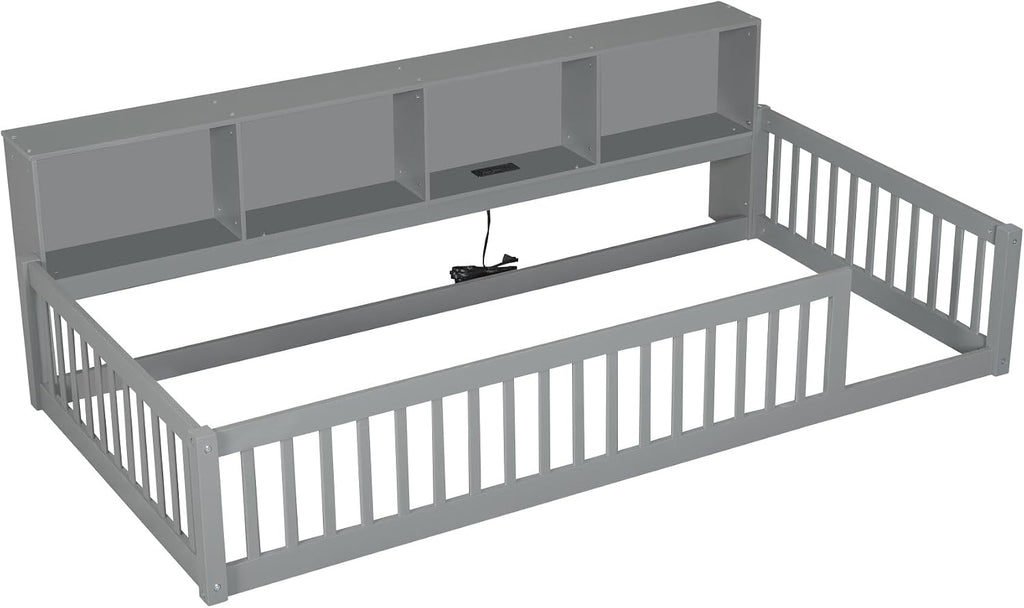 Bellemave Kids Montessori Floor Bed Twin XL Size,Floor Bed Frame with Bookcase and Charging Station for Kids Boys Girls,Gray