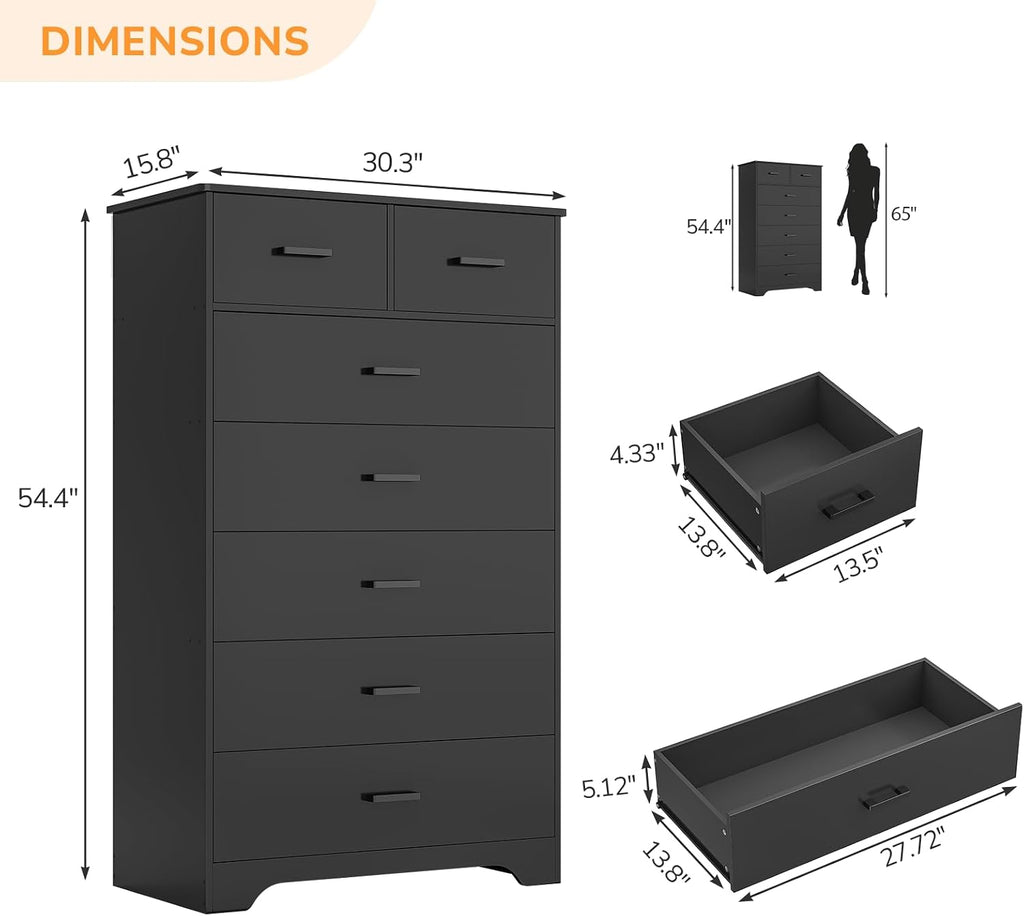 DICTAC Black Dresser for Bedroom with 7 Drawers, 55.7' Tall Dressers Chest of Drawers, Modern Large Wood Storage Dresser Organizer with Metal Handle, Vertical Dressers for Bedroom Living Room Nursery