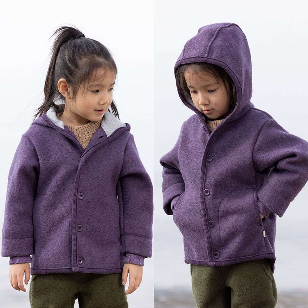 Ecoable Organic Boiled Merino Wool Jacket Kids, Hooded Coat Boys Girls, Made in Germany