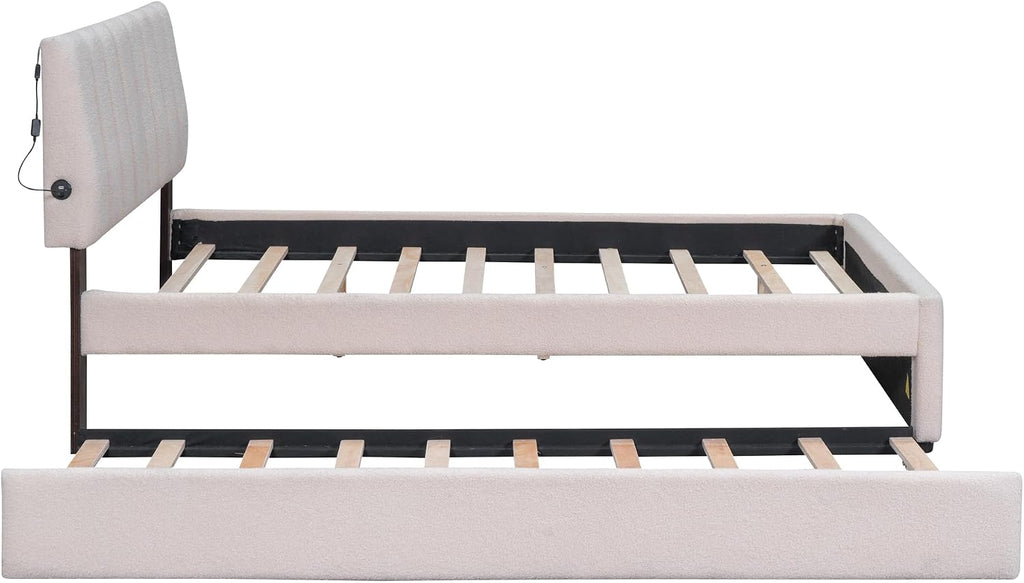Teddy Fleece Full Size Upholstered Platform Bed Frame for Boys Girls Kids Adults Toddler with Trundle, Beige