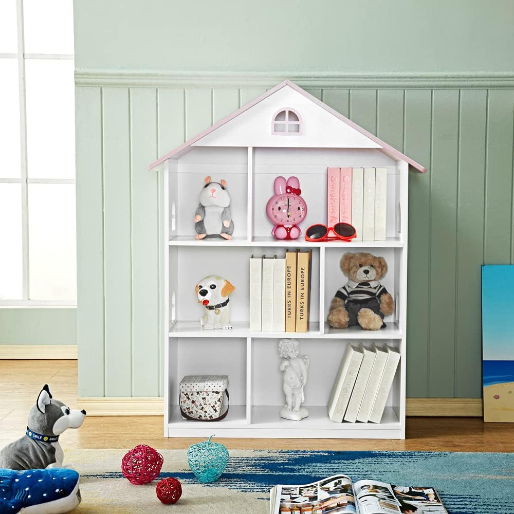 Wooden Dollhouse Bookshelf 3-Tier Doll House Bookcase Kids Books Toys Storage Organizer Shelves for Children's Bedroom Playroom Kindergarten Nursery Gift for Boys Girls Ages 3-8 Years Old