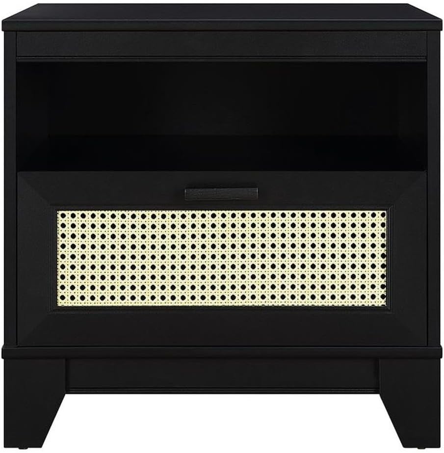 Manhattan Comfort Sheridan Cane Nightstand with Full-Extension Drawer and Open Shelf Cubby, Mid-Century Modern Bedside End Table, Boho Night Stand Accent Table for Bedroom or Living Room in Black