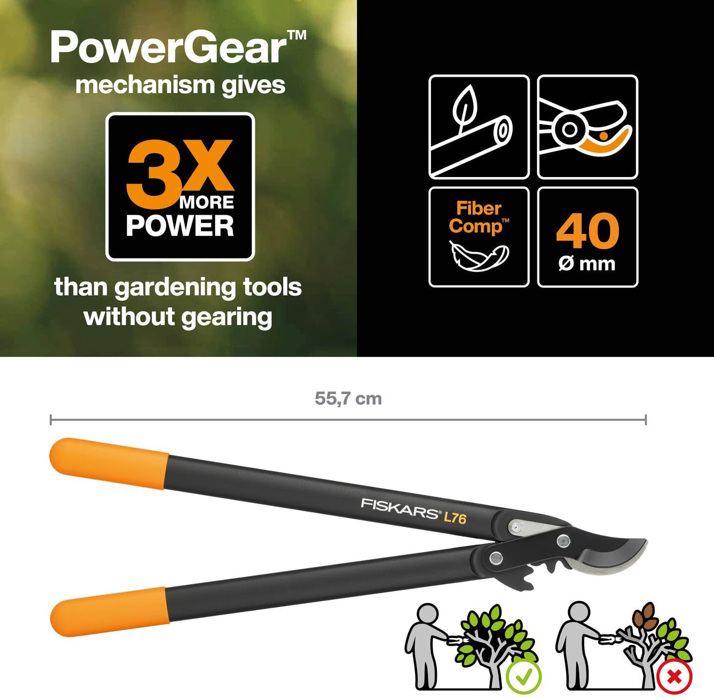 Fiskars PowerGear Lopper Bypass, Scissor Head (M) L76, Patented Mechanism PowerGear II, Cutting Diameter : 2.8 cm, Hardened steel blades with non-stick coating, Length: 56 cm, Black/Orange, 1001553