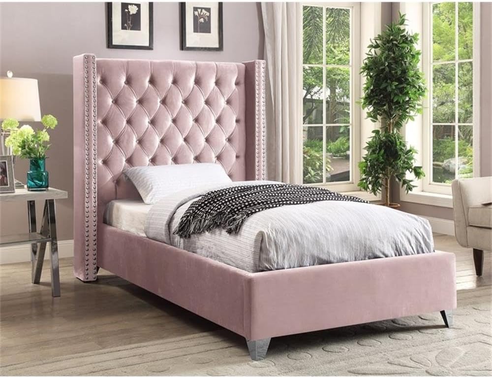 Meridian Furniture Aiden Collection Modern | Contemporary Velvet Upholstered Bed with Deep Button Tufting, Solid Wood Frame, and Custom Chrome Legs, Twin, Pink