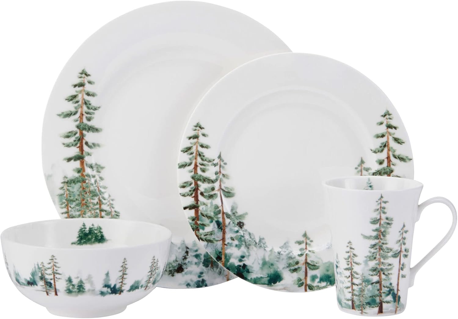 Mikasa Watercolor Forest Bone China Lightweight Chip Resistant 16 Piece Dinnerware Set, Service for 4, White
