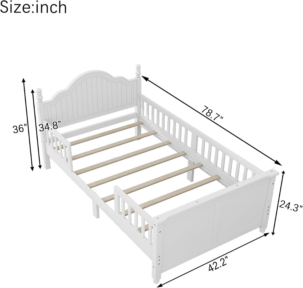 KEIKI Twin Size Wooden Floor Bed w/Safety Removable Rails, Kids Platform DayBed Frame w/Headboard, Low Profile, Space Saving Day Beds for Boys Girls Bedroom, No Box Spring Needed, Easy Assembly, White
