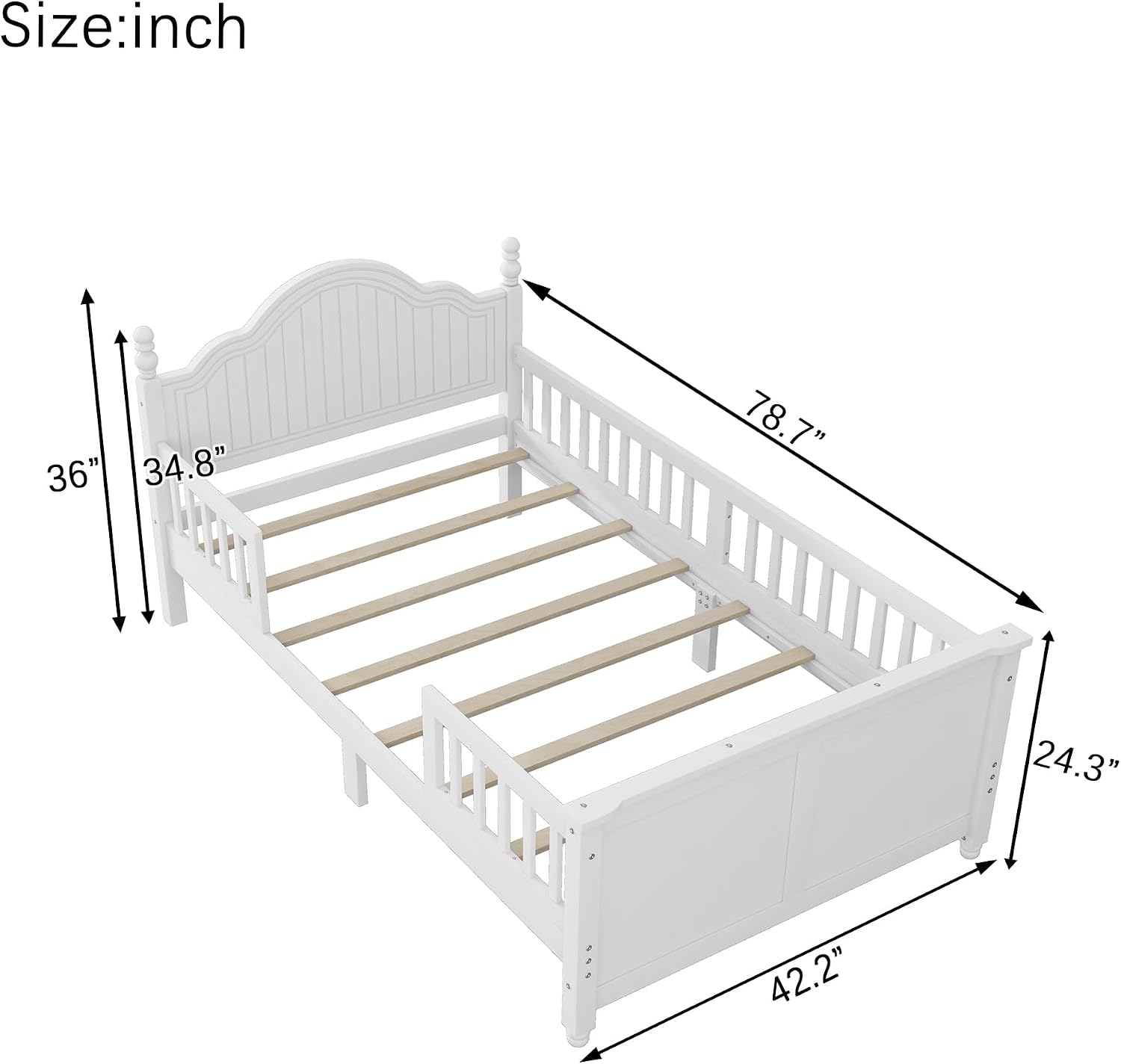 KEIKI Twin Size Wooden Floor Bed w/Safety Removable Rails, Kids Platform DayBed Frame w/Headboard, Low Profile, Space Saving Day Beds for Boys Girls Bedroom, No Box Spring Needed, Easy Assembly, White