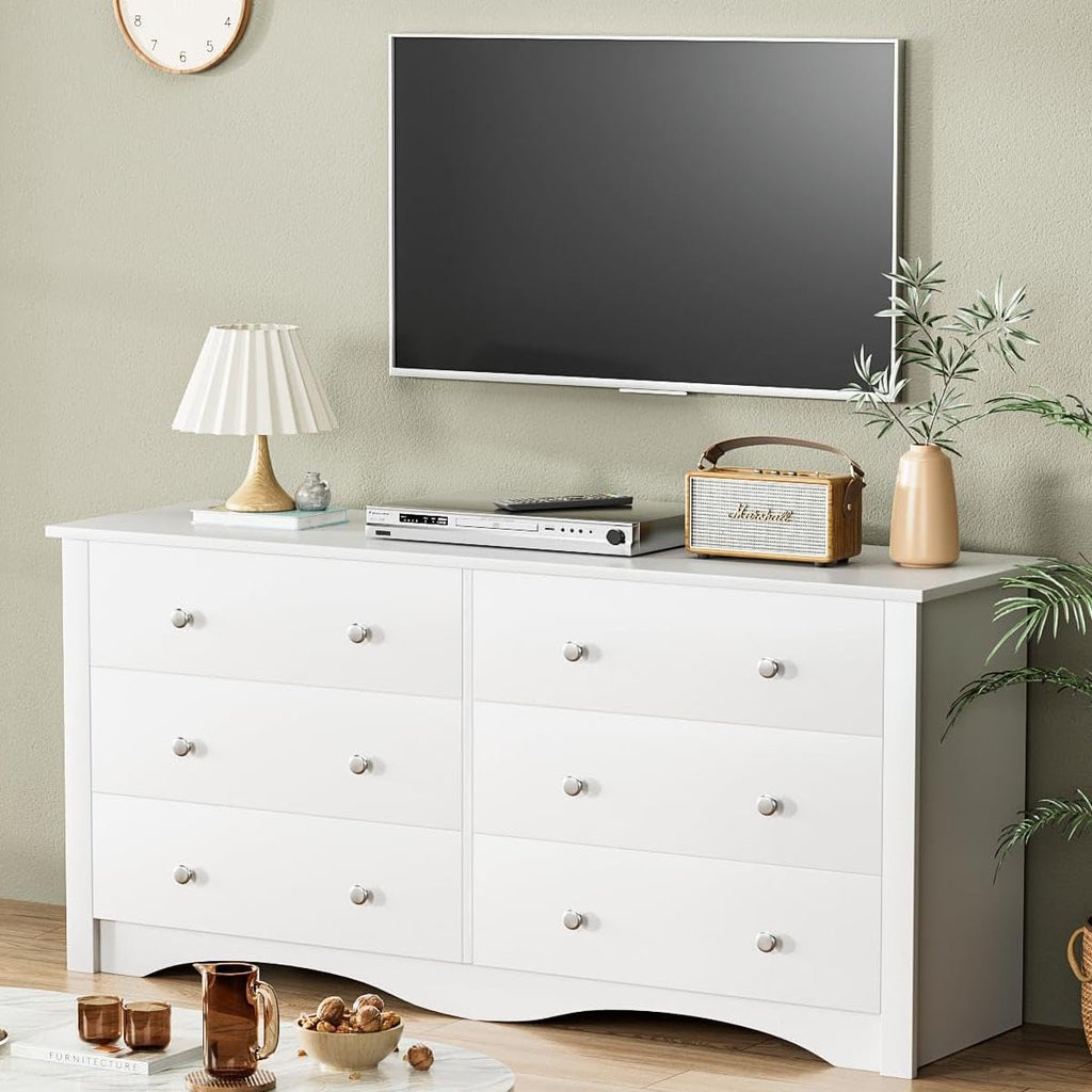 YESHOMY Dresser for Bedroom with 6 Drawer, Wood Wide Chest Storage Organizer and TV Stand for Living Room, Hallway, Dormitory, White