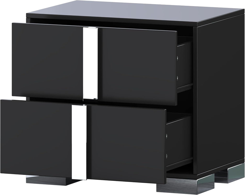 Modern Black Nightstand Set of 2 for Bedroom, Elegant 2 Drawer Nightstand with Silver Mirrored Handle and Base, Wood End Table Sofa Side Table for Living Room Bedroom (Black)