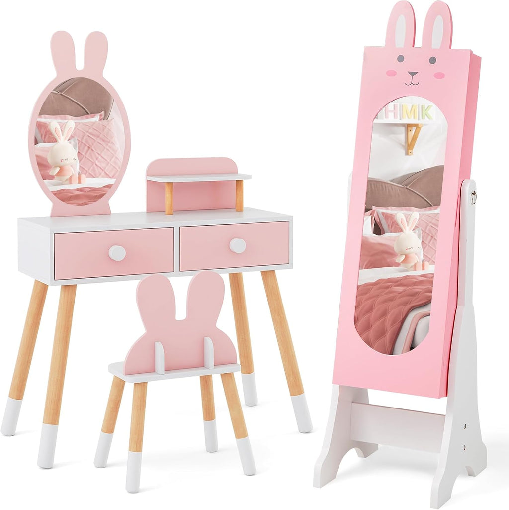 Costzon Kids Vanity Set & Jewelry Armoire Cabinet, Wooden Kids Vanity Table and Chair Set, Standing Jewelry Organizer with Full-Length Mirror, Kids Bedroom Furniture Set for Girls (Pink)
