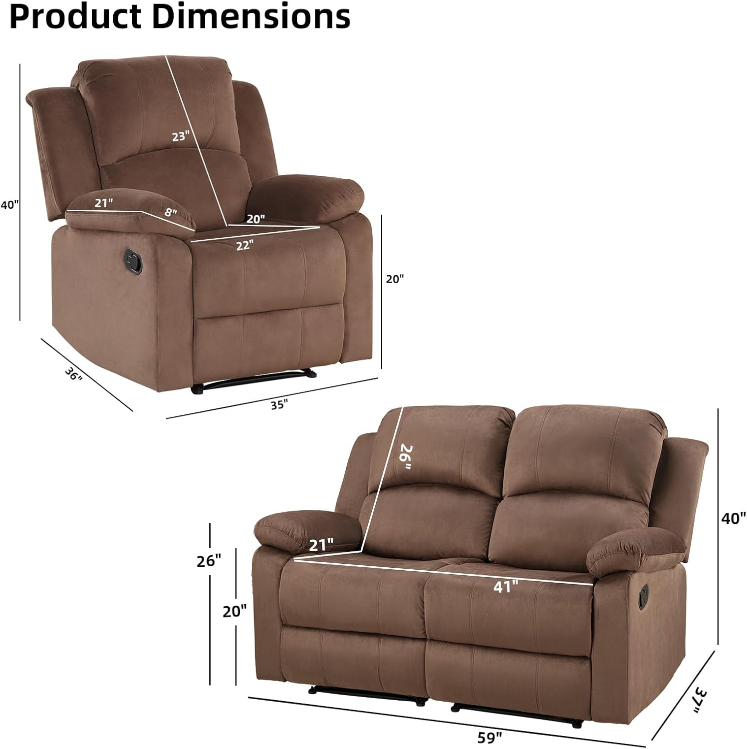 EBELLO Manual Reclining Couch Set for Living Room, Include 1 Recliner Chair, 1 Loveseat Sofa, Recliner Sofa Furniture Set for Home and Office, Brown