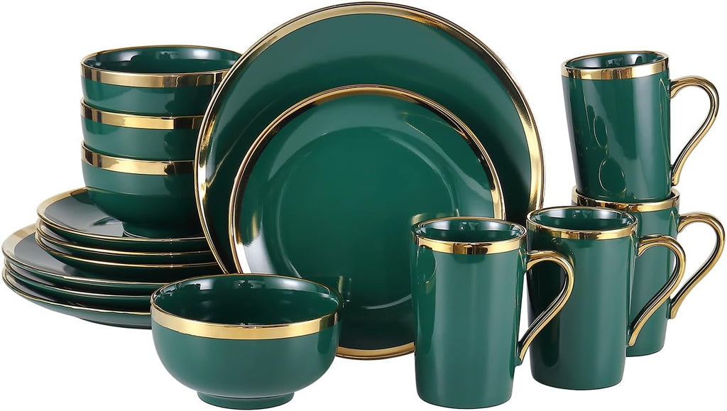 Modern 16 Piece Porcelain Green and Gold Dinnerware Set, Stoneware Dinnerware Sets for 4, Plates and Bowls Sets, Dish Set with Gold Trim,Dishes
