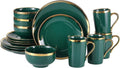 Modern 16 Piece Porcelain Green and Gold Dinnerware Set, Stoneware Dinnerware Sets for 4, Plates and Bowls Sets, Dish Set with Gold Trim,Dishes