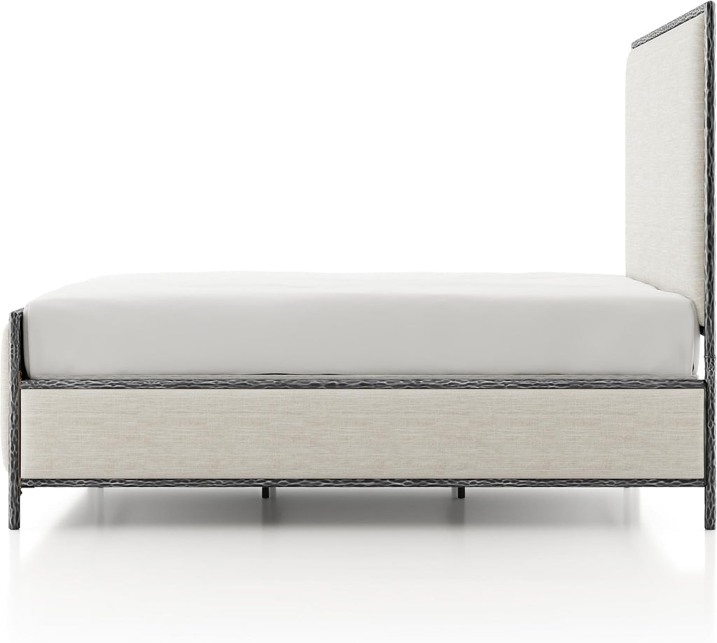24/7 Shop at Home Lalia Hammered Metal 3-Piece Bedroom Collection, Upholstered Bed Frame with Beige Fabric Headboard, Forged Steel, Bench and 1-Shelf Nightstand, Foundation Required, Full, Matte Grey