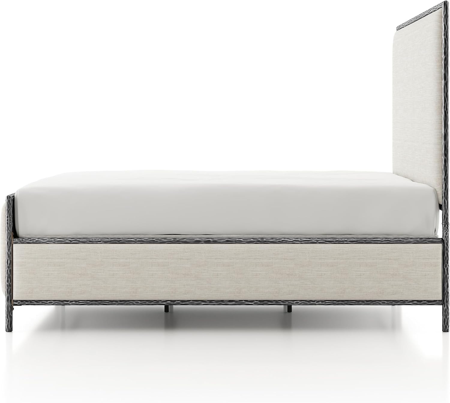 24/7 Shop at Home Lalia Hammered Metal 3-Piece Bedroom Collection, Upholstered Bed Frame with Beige Fabric Headboard, Forged Steel, Bench and 1-Shelf Nightstand, Foundation Required, Full, Matte Grey