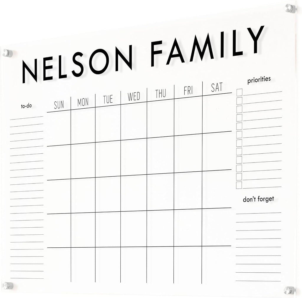 Personalized Clear Acrylic Calendar for Wall, Calendar Whiteboard for Wall, Dry Erase Wall Calendar, Wall Calendar Organizer System for Home (Block, Black, 38'W x 26'H)
