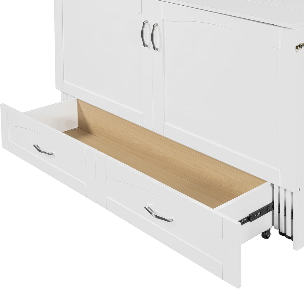 Queen Size Murphy Wall Bed with Drawer and a Set of Sockets & USB Ports,Modern Bed Frame with Pulley Structure Design for Kids Teen Girls Boys Adults Bedroom Furniture (White-46, Queen)