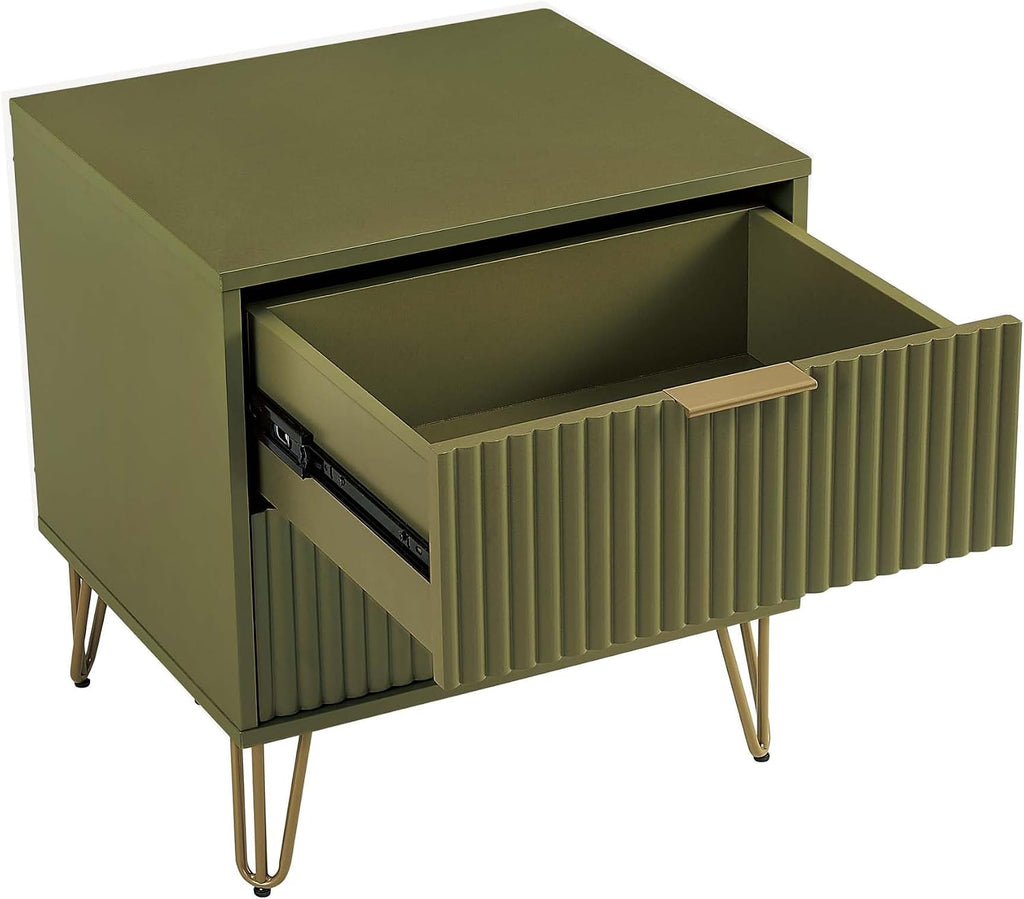 Manhattan Comfort Dumbo 2 Piece Dresser & Nightstand Set, Fluted Night Stand with Hairpin Gold Metal Legs & 3-Drawer Dresser, No Tool Assembly, Storage Cabinet for Bedroom, Living Room in Olive Green