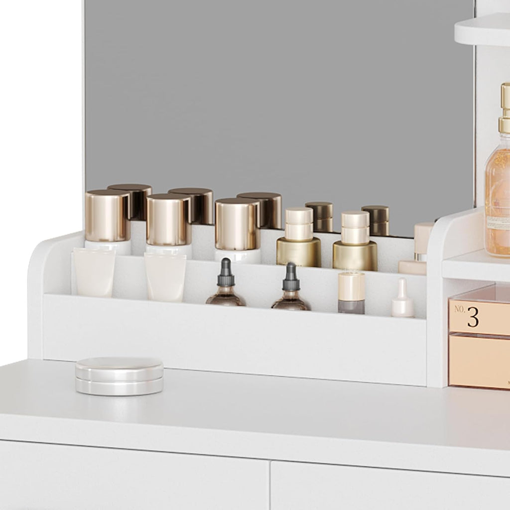 Vanity Desk with Vertical Mirror, White Makeup Table with 2 Drawers Shelves Full-Length Dressing Table Modern Set for Bedroom Dorm Apartment Ideal for Women Girls Teens