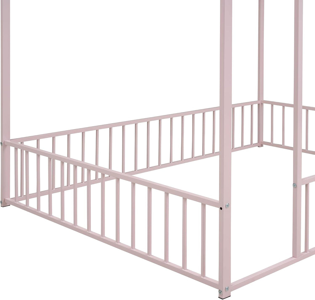 Merax Full Size Metal House Bed Frame with Fence for Kids,Teens,Girls,Boys,Semi-Enclosed Cabin Floor Bed for Bedroom,Pink