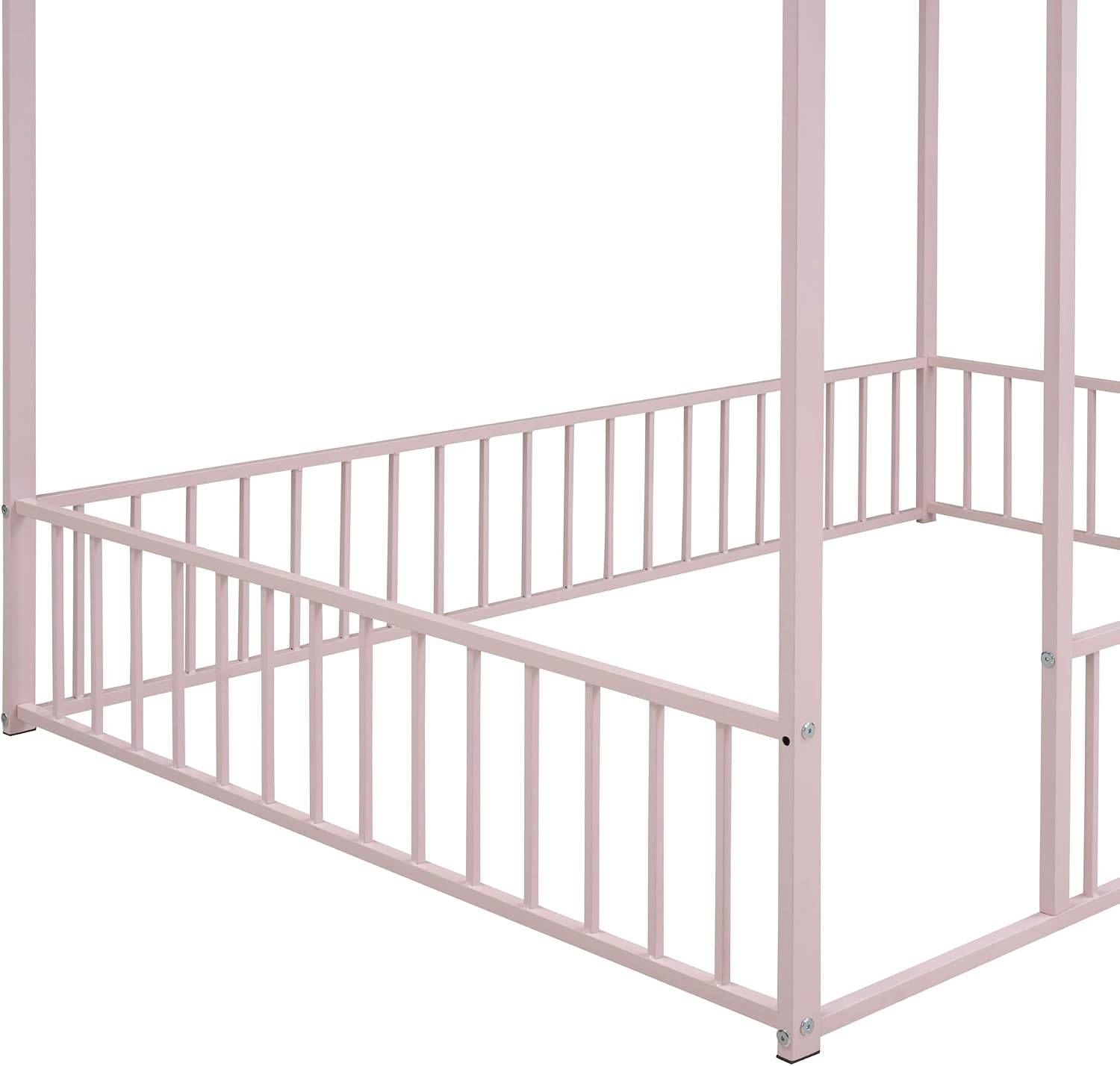 Merax Full Size Metal House Bed Frame with Fence for Kids,Teens,Girls,Boys,Semi-Enclosed Cabin Floor Bed for Bedroom,Pink