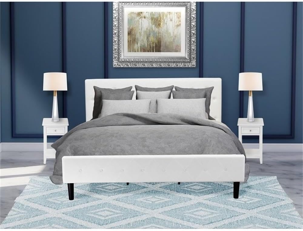 East West Furniture NL19K-2DE05 3 Piece King Bed Set - Button Tufted Bed Frame - Linen white Velvet Fabric and Upholstered Headboard and a Linen white Finish Nightstand