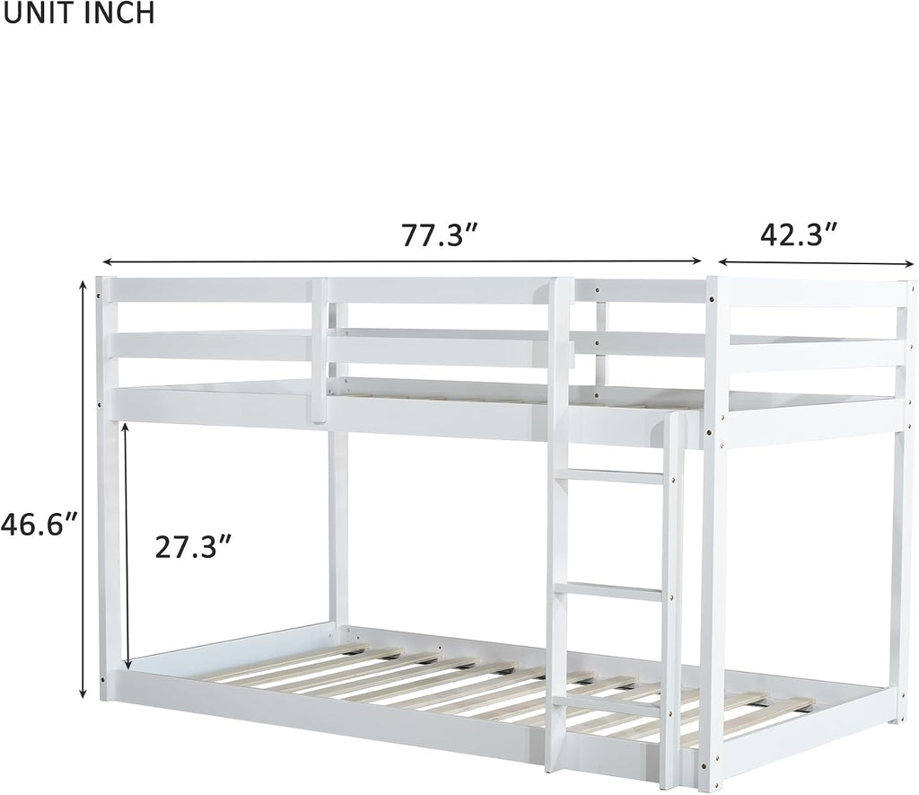 Ball & Cast Solid Rubber Wooden Twin Over Twin Bunk Bed with Ladder and Full Length Guardrail,Low Bunkbed w/Slat Support,Bedroom Furniture for Girls Boys,White