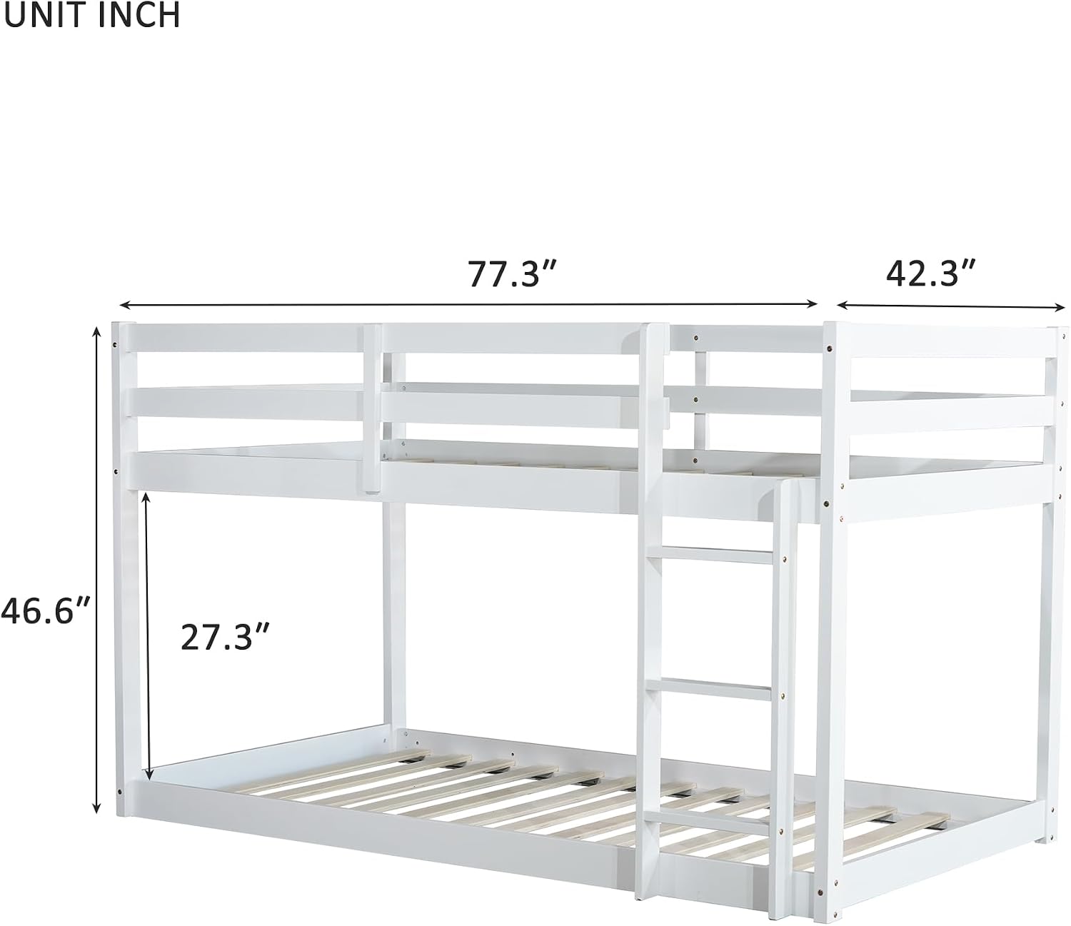 Ball & Cast Solid Rubber Wooden Twin Over Twin Bunk Bed with Ladder and Full Length Guardrail,Low Bunkbed w/Slat Support,Bedroom Furniture for Girls Boys,White