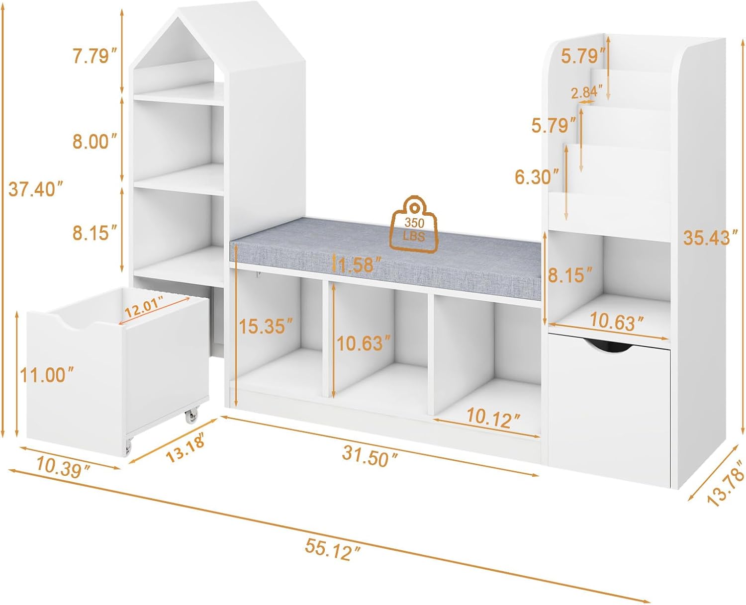 Vabches Kids Bookshelf Toy Storage Organizer, Multifunctional Bookcase with Reading Nook 7 Storage Cubbies and 2 Movable Drawers, Bookcase with Seat Cushion for Children's Room, Playroom, Bedroom