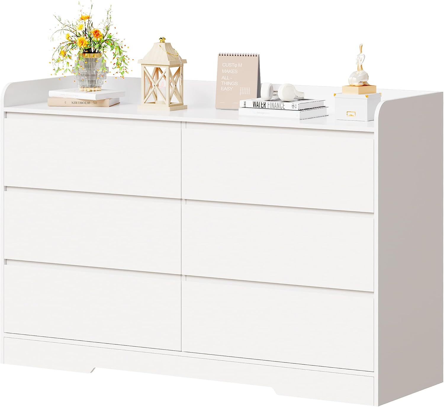 BEWISHOME Dresser for Bedroom, White 6 Drawer Dresser Chest of Drawers, Wood Dressers for Closet, Wide Modern Dressers with Fence for Living Room, Hallway, Entryway, TV Stand, White KCG04W