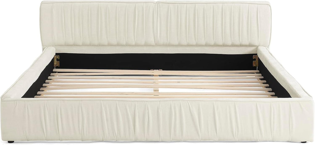 KLMM Queen Size Upholstered Bed Frame with Chenille Fabric with Pleated Design,Grounded Platform Bed with Headboard and Solid Frame,for Bedroom Use (Beige/Chenille, Queen)