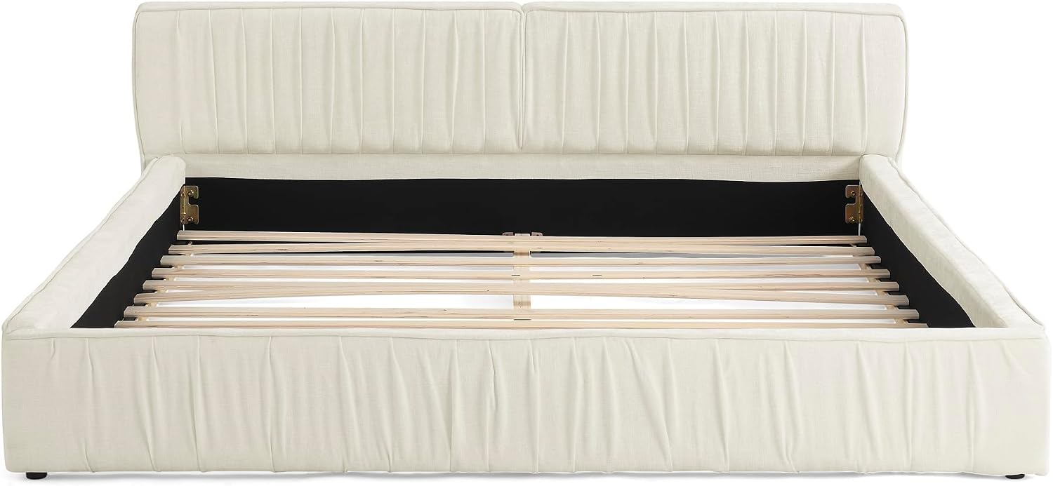 KLMM Queen Size Upholstered Bed Frame with Chenille Fabric with Pleated Design,Grounded Platform Bed with Headboard and Solid Frame,for Bedroom Use (Beige/Chenille, Queen)